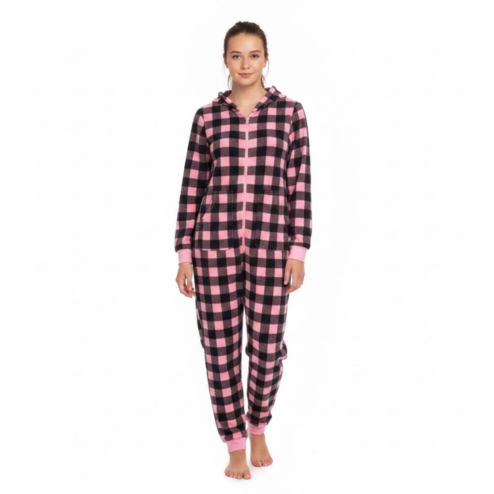 Big Ft Pajama Co. Pink and Black Plaid Fleece Onesie Size 10/12